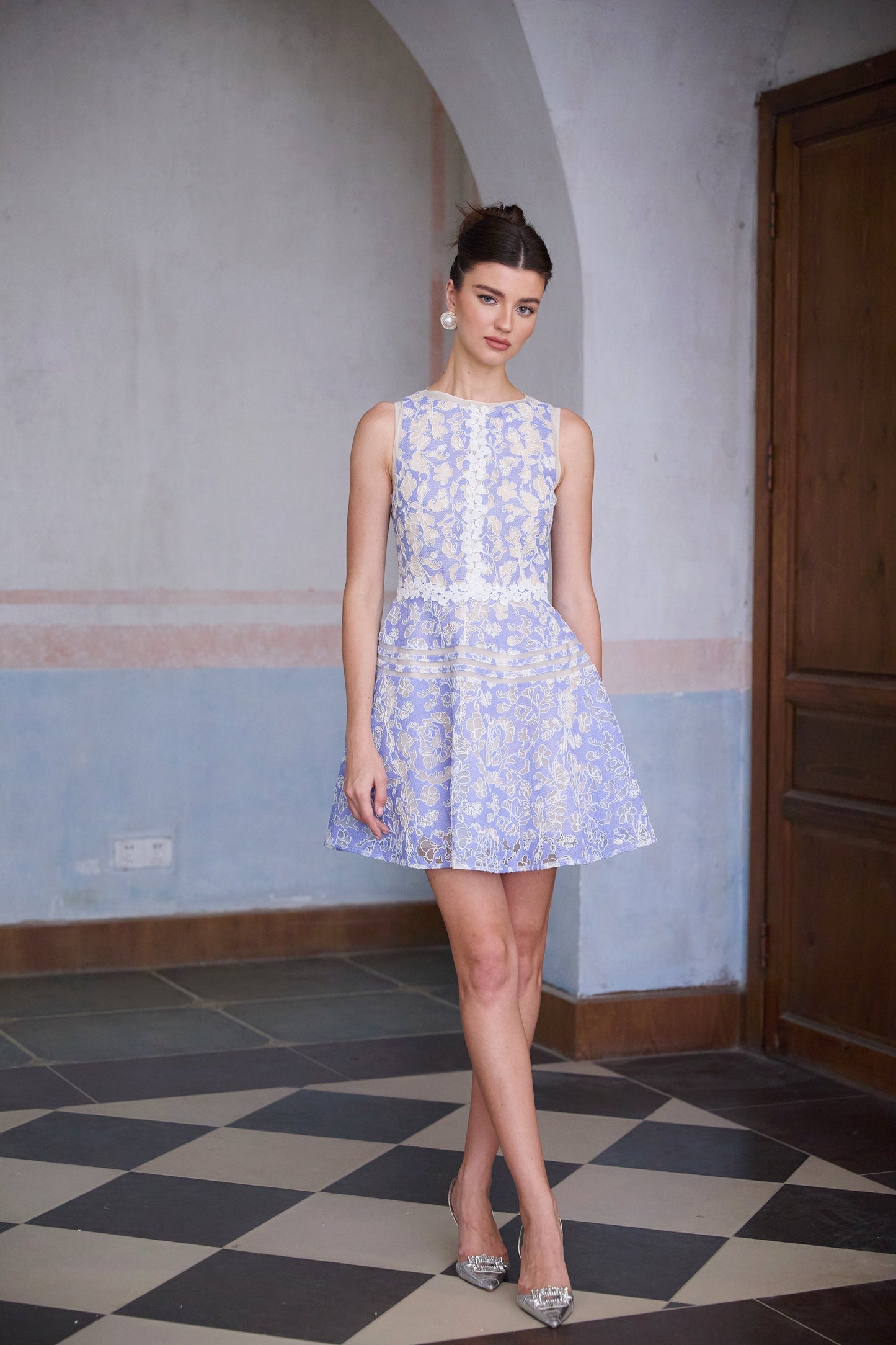 Brigitte Blue Crochet Lace Puff Sleeve Mini Dress