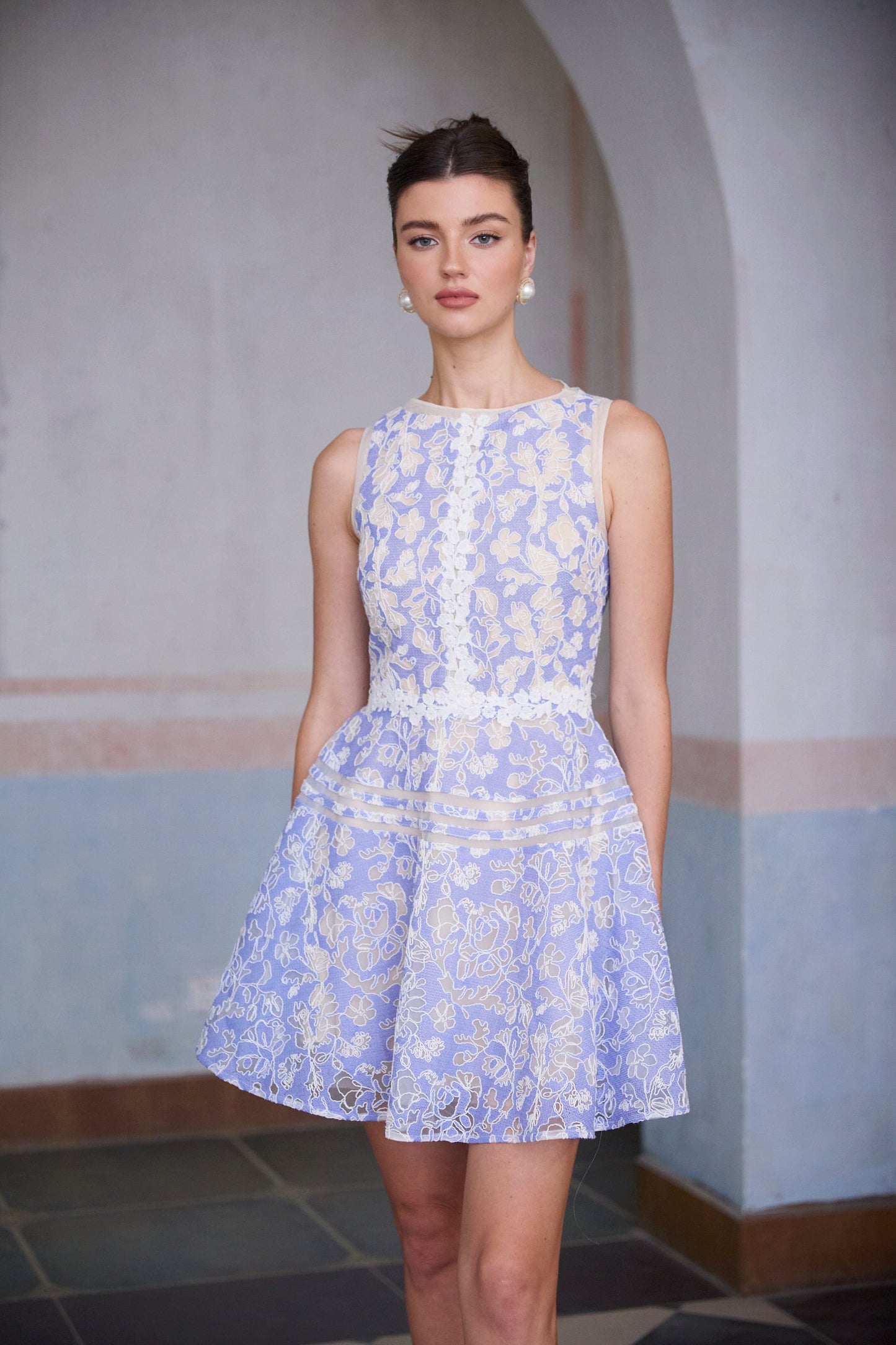 Brigitte Blue Crochet Lace Puff Sleeve Mini Dress