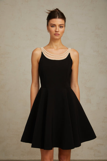 Danaé black faux-pearl-embellished mini dress