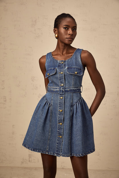 Vérane blue belted denim mini dress