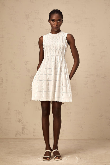Esmée white ruffled sleeveless knit mini dress