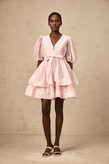 Florence pink floral-embroidered layered mini dress