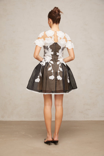 Sandrine color-blocked floral-embroidered mini dress