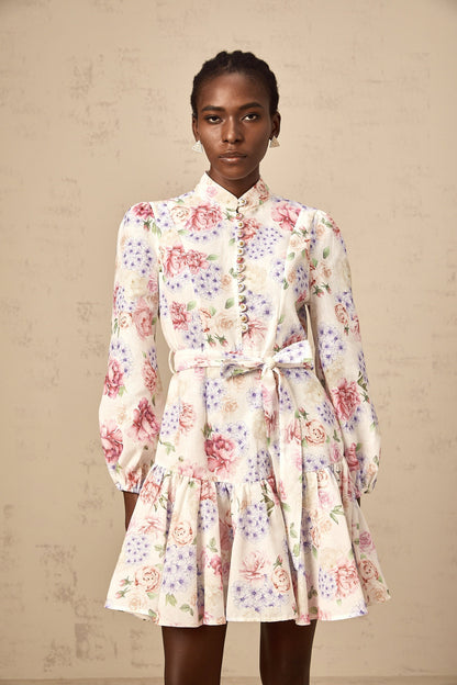 Maia tied-waist floral-print mini dress in White