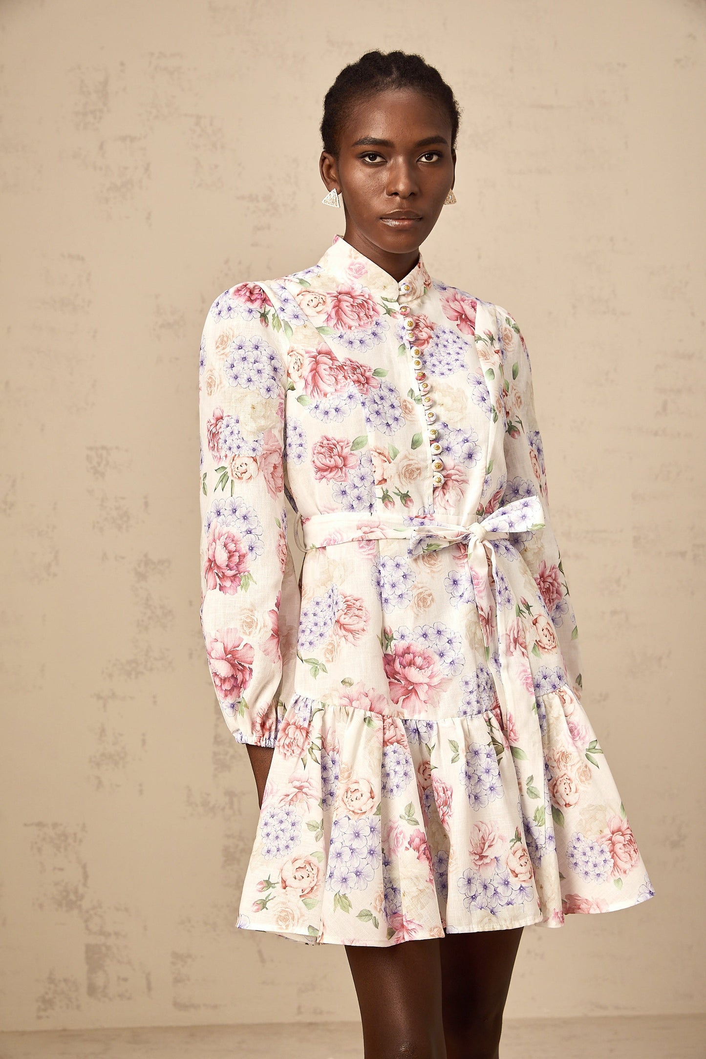 Maia tied-waist floral-print mini dress in White
