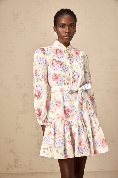 Maia tied-waist floral-print mini dress in White