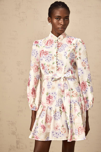 Maia tied-waist floral-print mini dress in White