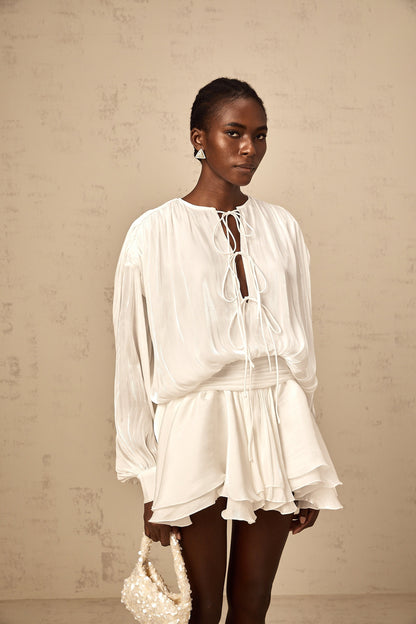Mahault white pleated glitter-effect mini dress