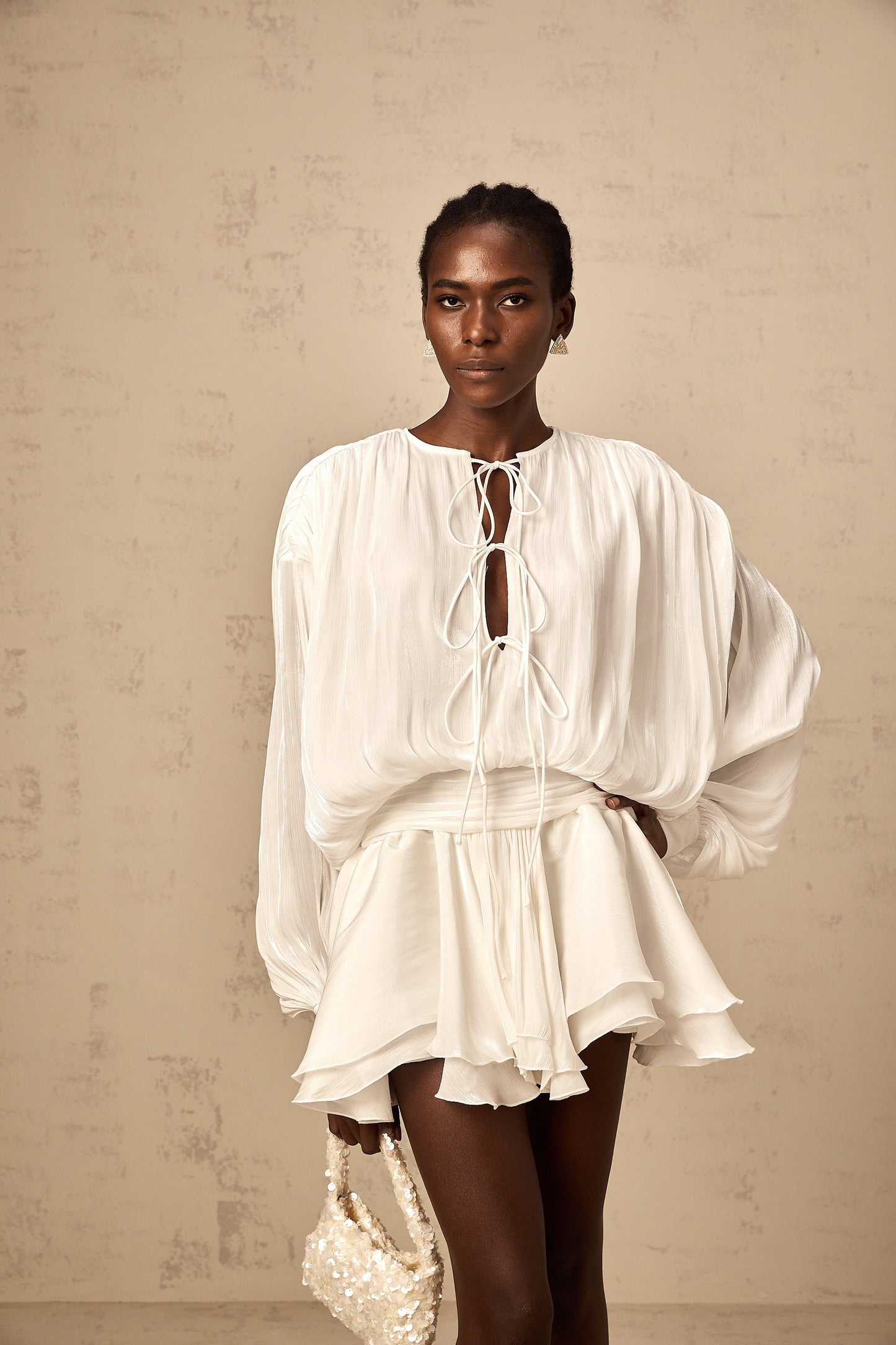 Mahault white pleated glitter-effect mini dress