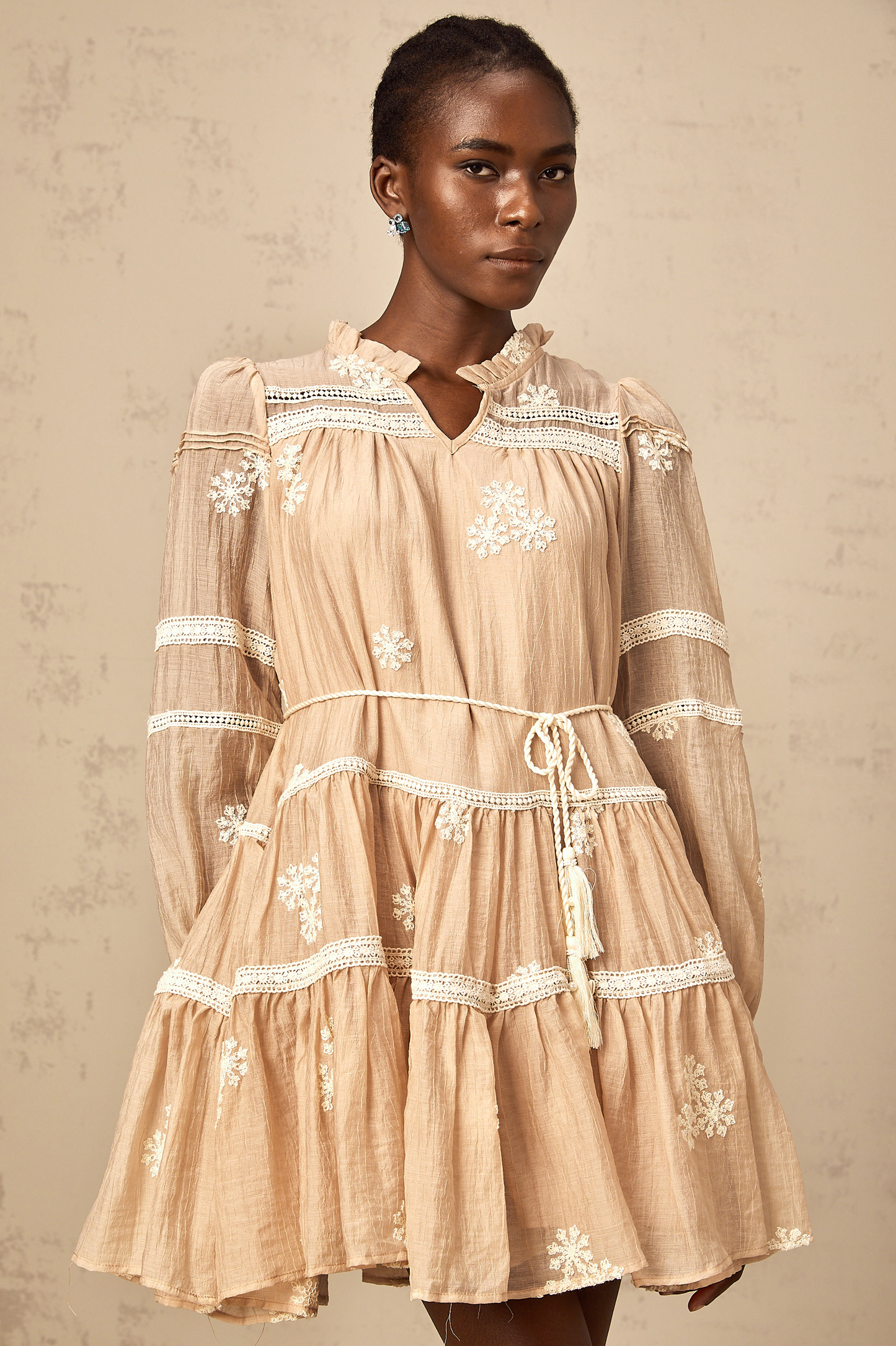 Margaux neutrals flower-embroidered tiered mini dress