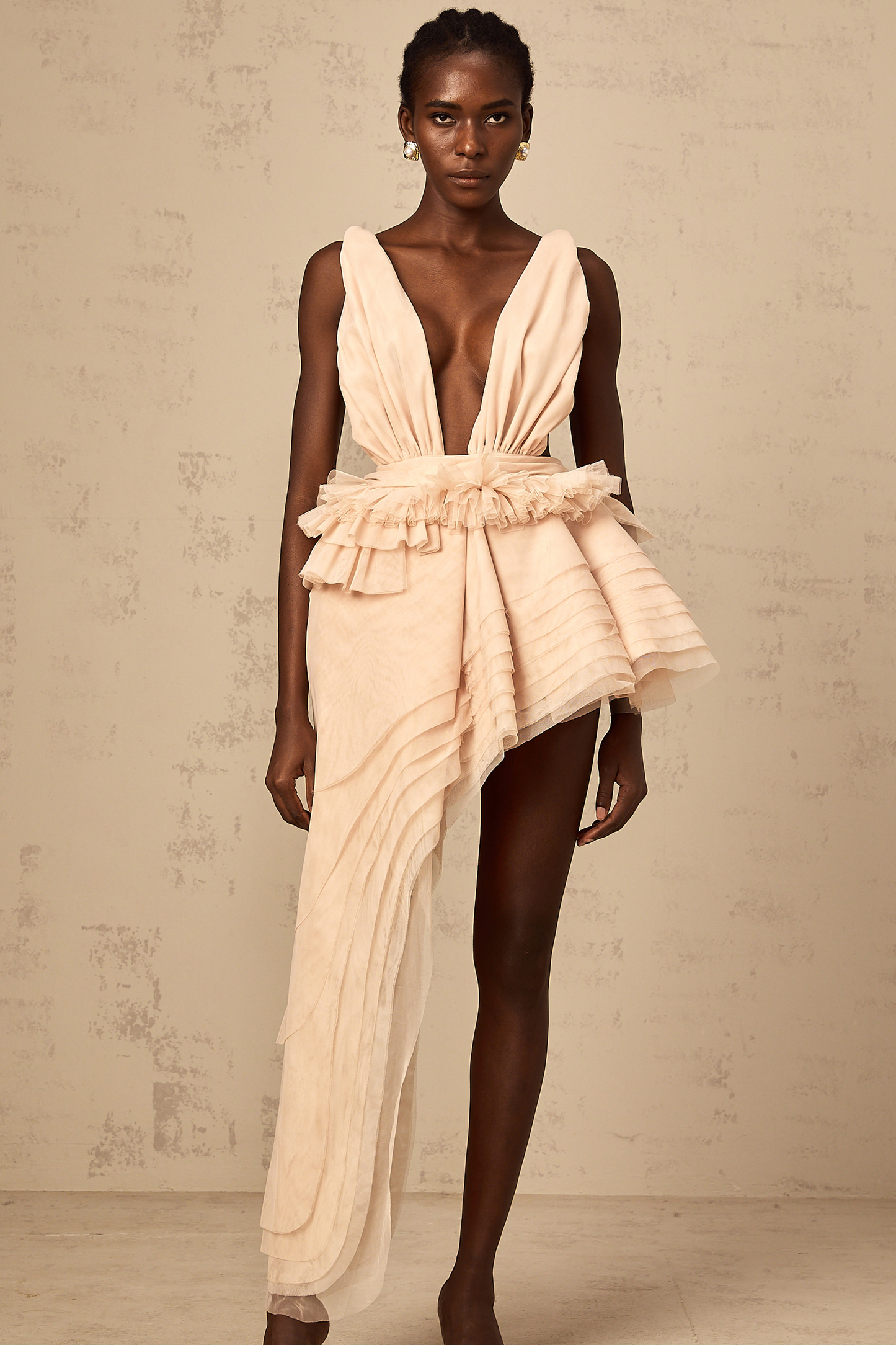 Isoline ribbon-design asymmetrical mini dress in Neutrals