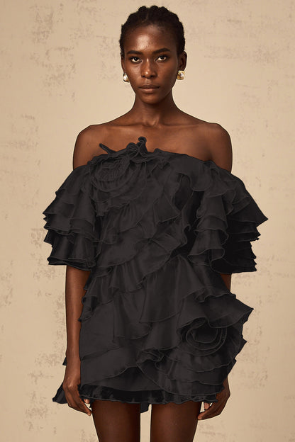 Cerise asymmetrical flounce mini dress in Black