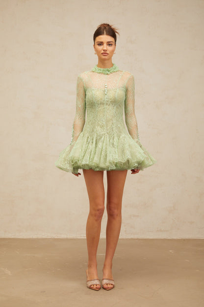 Mélodie green embroidered flared mini dress