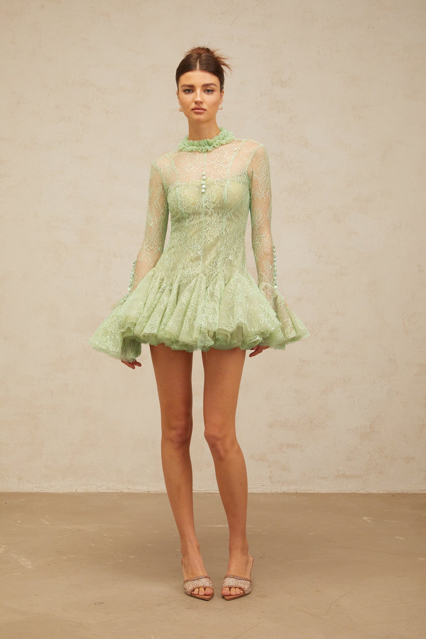 Mélodie green embroidered flared mini dress