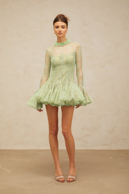 Mélodie green embroidered flared mini dress