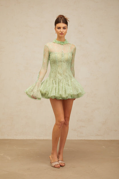 Mélodie green embroidered flared mini dress