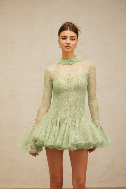 Mélodie green embroidered flared mini dress