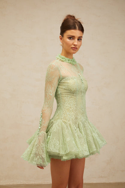 Mélodie green embroidered flared mini dress