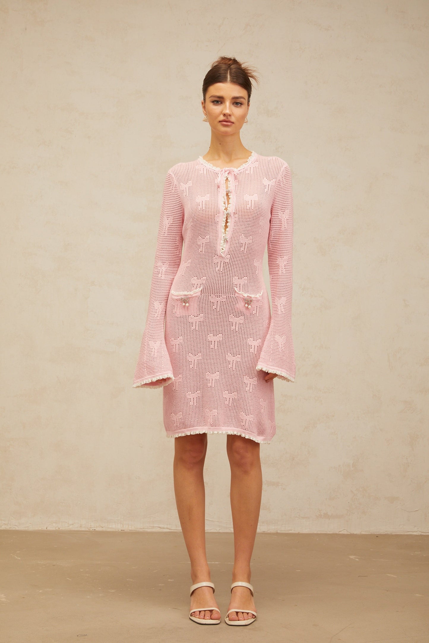 Marjolaine pink embellished crochet-knit mini dress