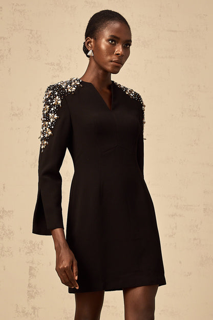 Béatrice black split-neck embellished mini dress