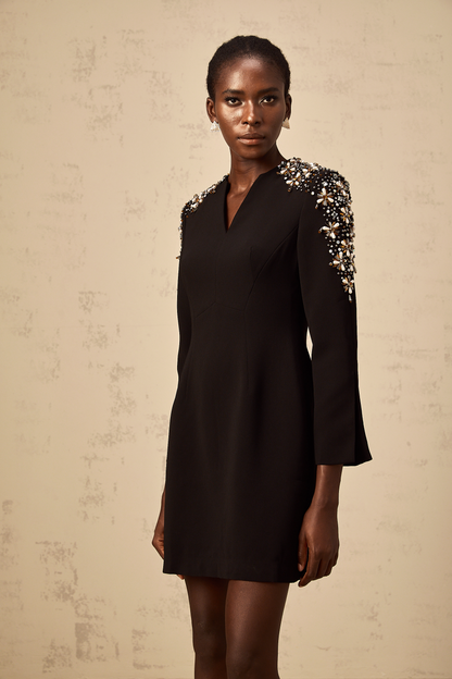Béatrice black split-neck embellished mini dress