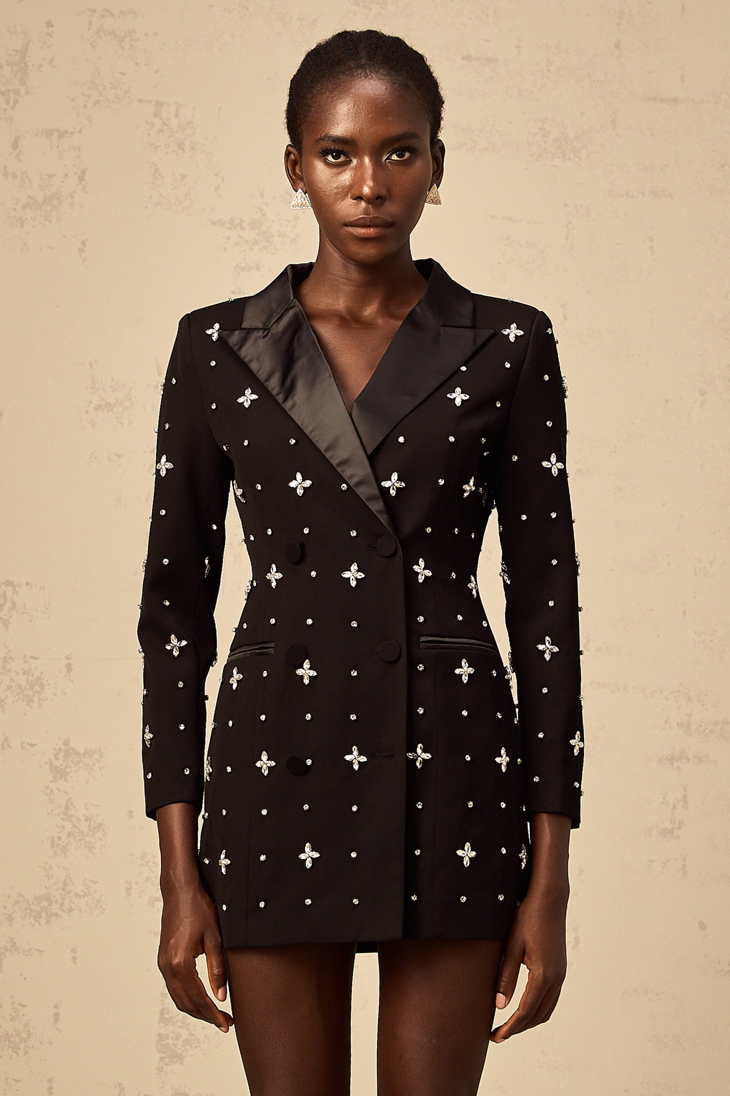 Quincie black crystal panelled mini blazer dress