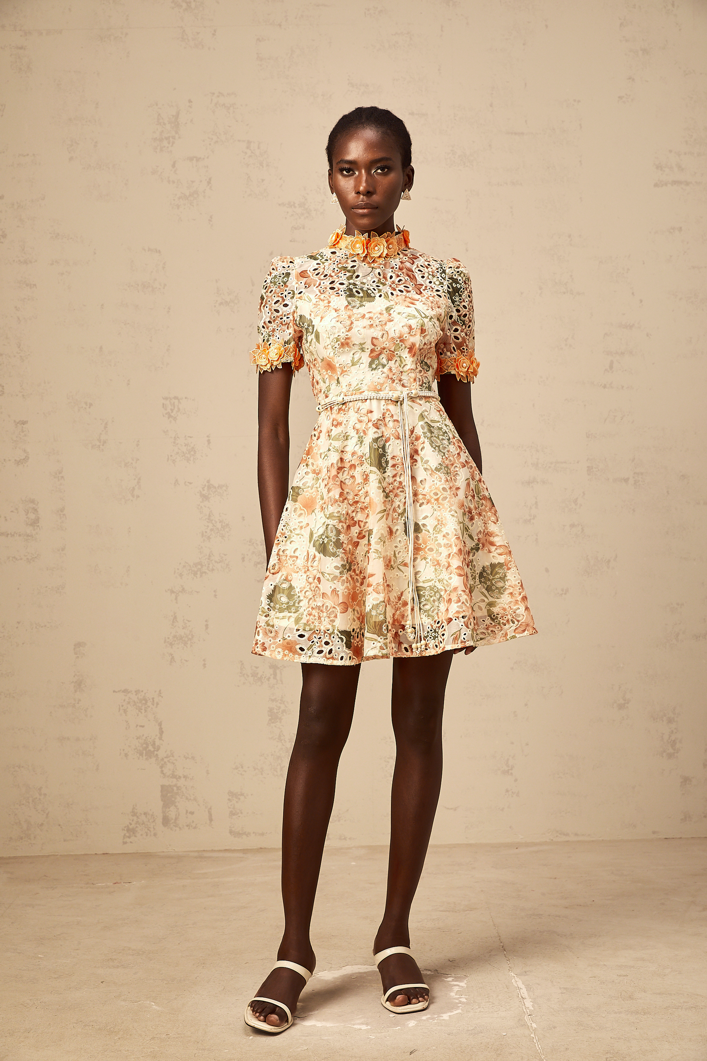 Lilou orange flower-embroidered embellished mini dress