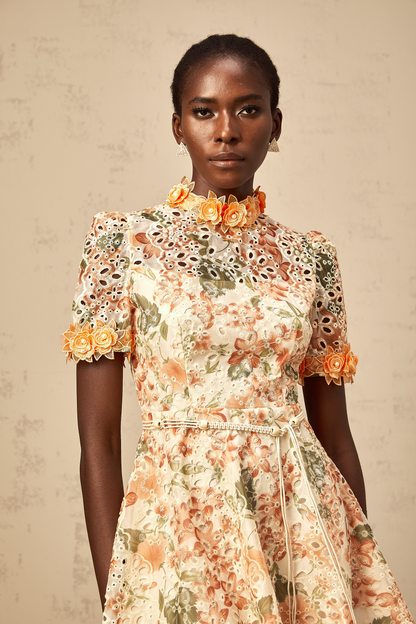 Lilou orange flower-embroidered embellished mini dress