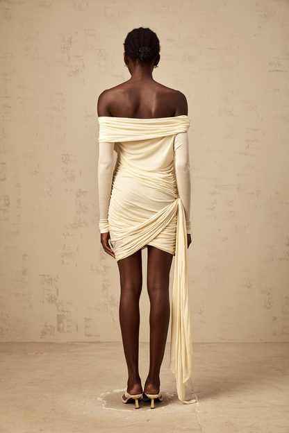 Margaux cream-white ribbon-design ruched mini dress