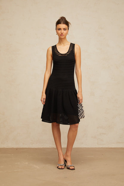 Maelle black flounced pointelle-knit mini dress