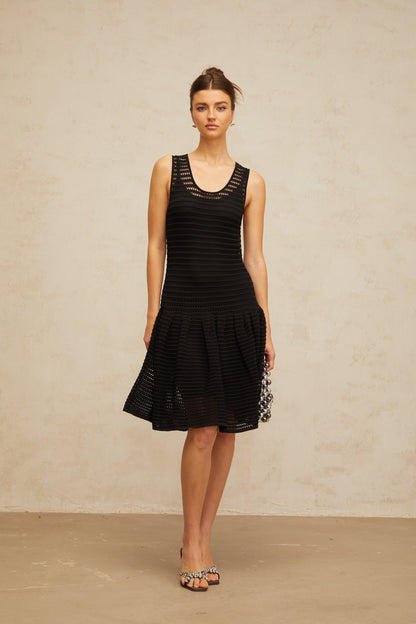 Maelle black flounced pointelle-knit mini dress
