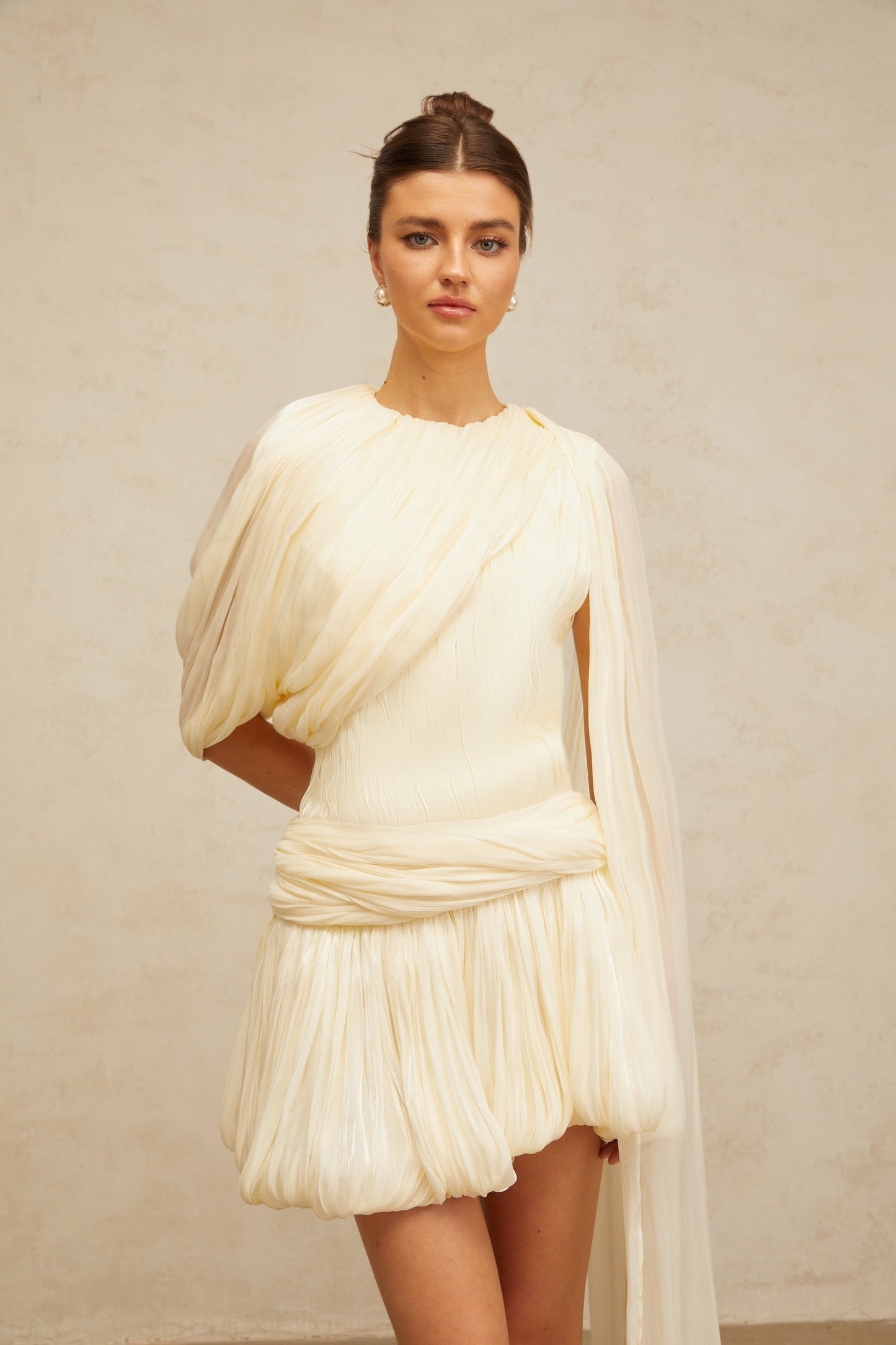 Cyrielle Pleated Mini Dress with Ribbon Design Accent