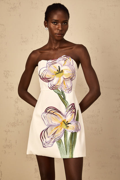 Irène White Off-Shoulder Sequin Floral Embroidered Mini Dress