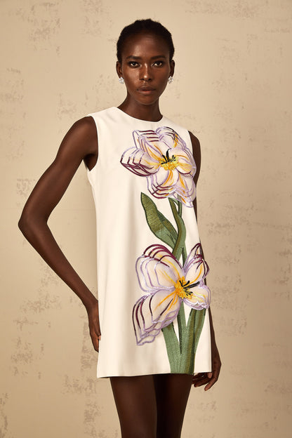 Irène White Sequin Floral Embroidered Mini Dress