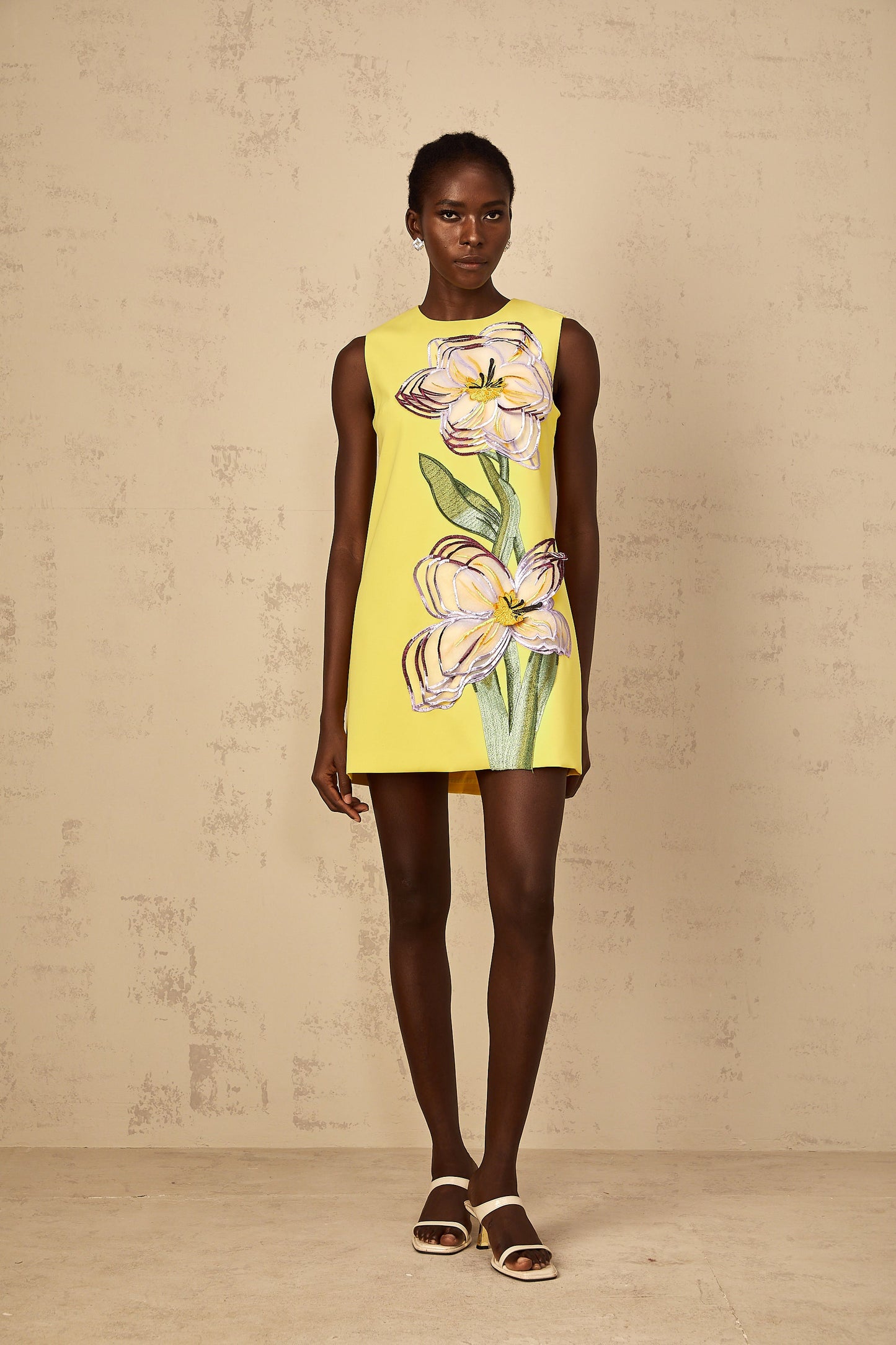Irène Yellow Sequin Floral Embroidered Mini Dress