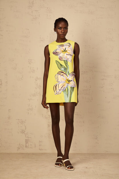 Irène Yellow Sequin Floral Embroidered Mini Dress