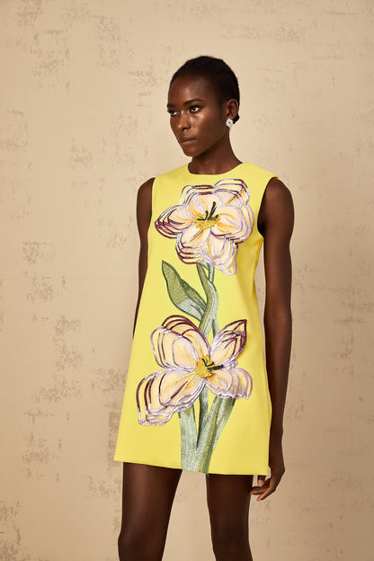 Irène Yellow Sequin Floral Embroidered Mini Dress