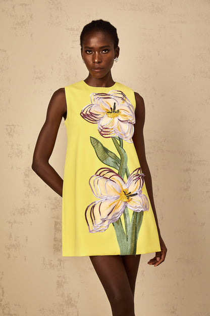 Irène Yellow Sequin Floral Embroidered Mini Dress