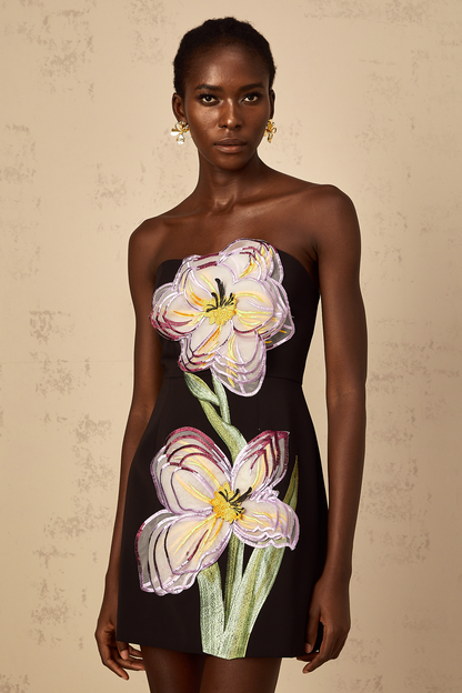 Irène Black Off-Shoulder Sequin Floral Embroidered Mini Dress