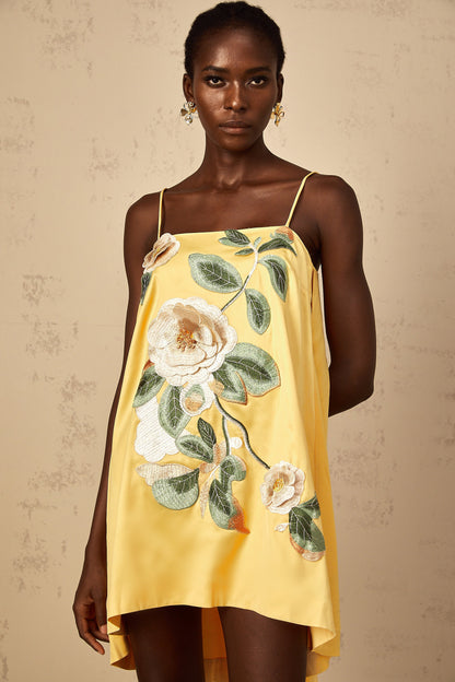 Avril Yellow Floral Embroidered Mini Dress