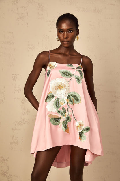 Avril Pink Floral Embroidered Satin Mini Dress