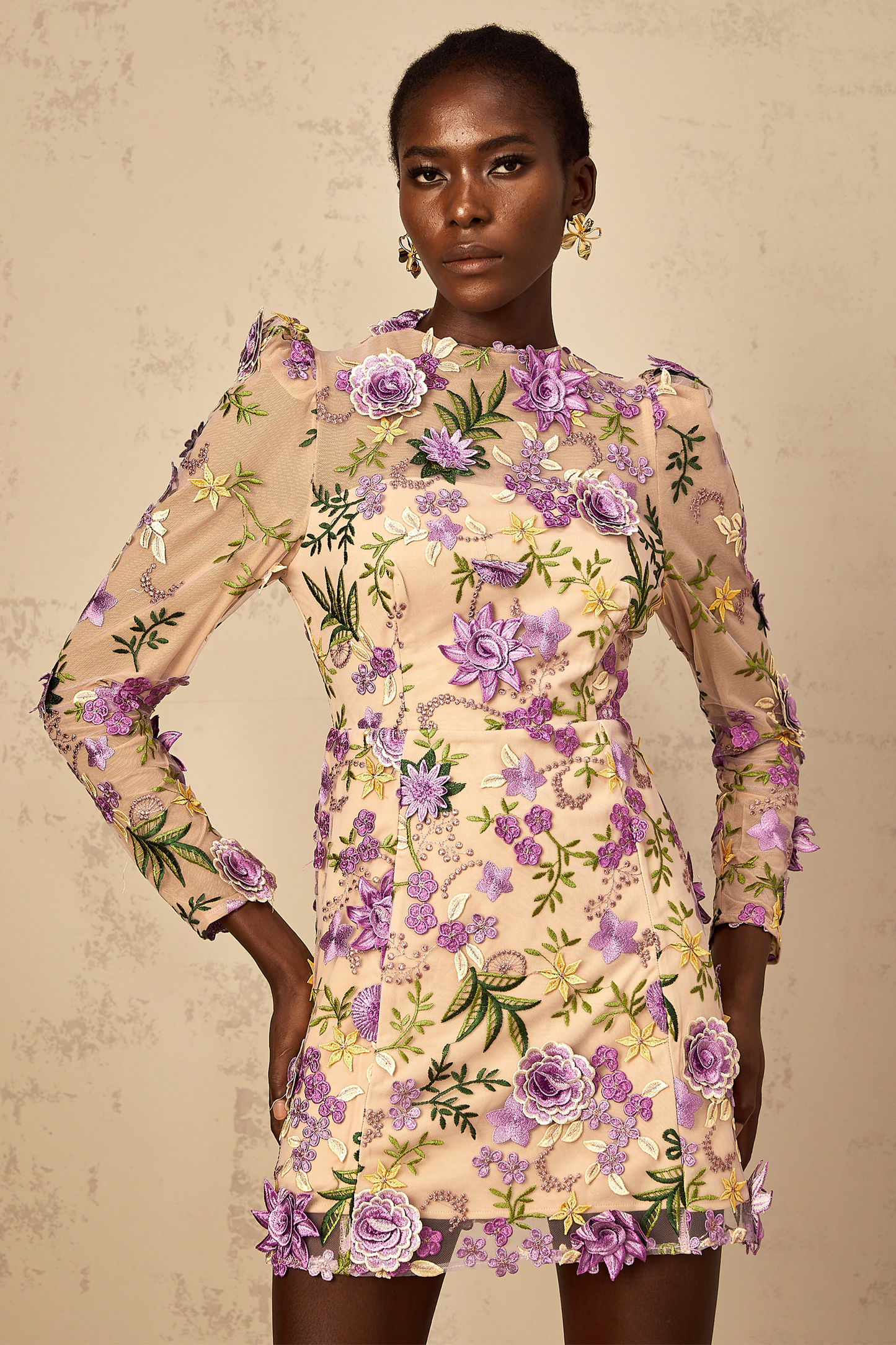 Jolien Purple Floral Appliqué Embroidered Tulle Mini Dress