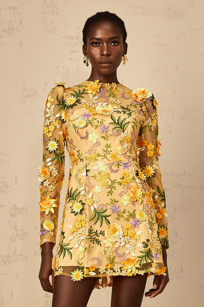 Jolien 3D Floral Appliqué Mini Dress in Yellow