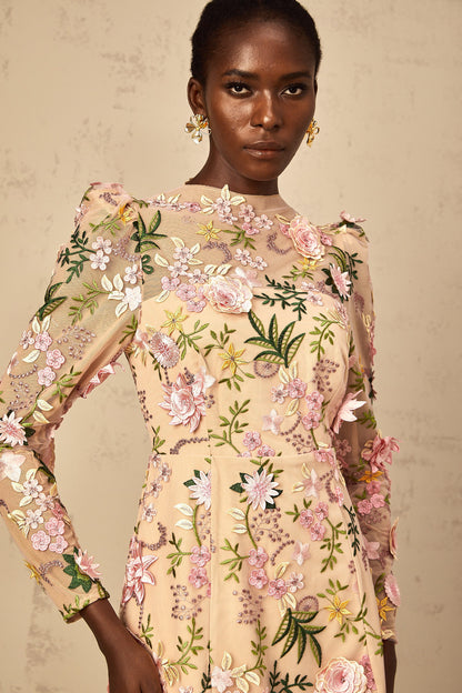 Jolien 3D Floral Appliqué Mini Dress in Pink