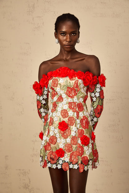 Anaya Red Rose Appliqué Embroidered Mini Dress