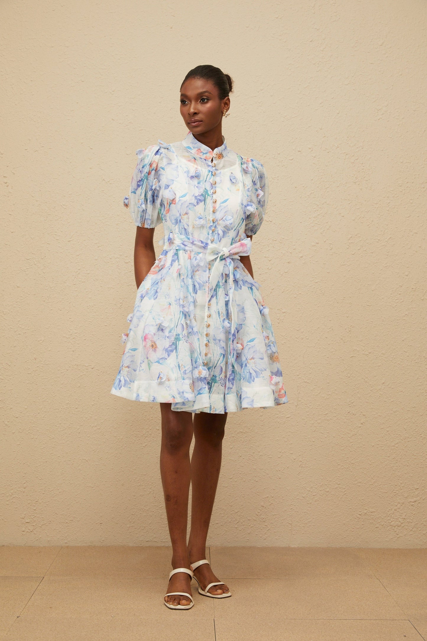 Pétunia Blue Shirred Floral Mini Dress
