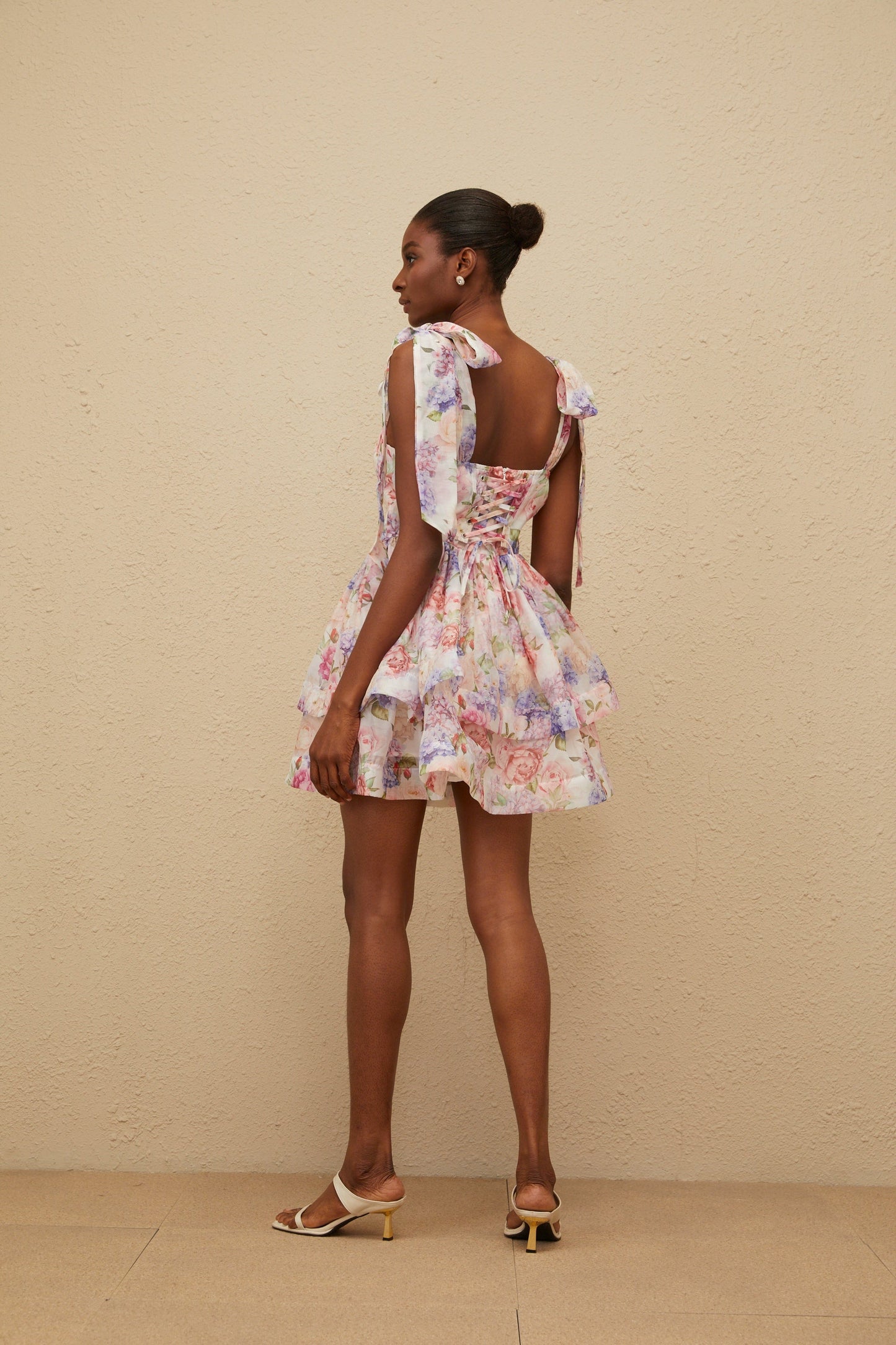 Hélène Pink Flounced Floral Print Mini Dress