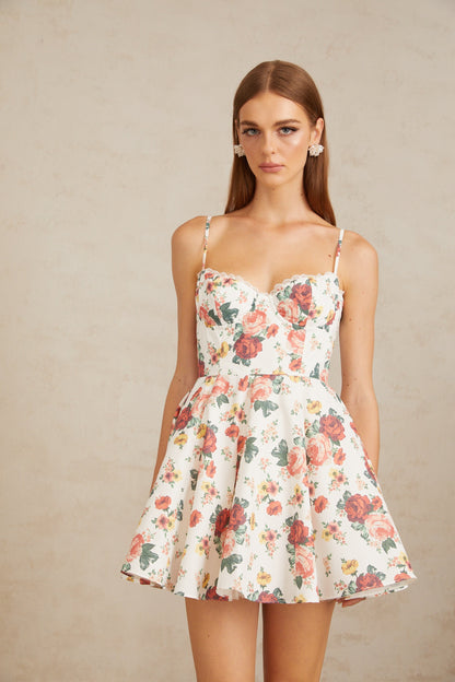 Airelle White Flounced Rose Print Mini Dress