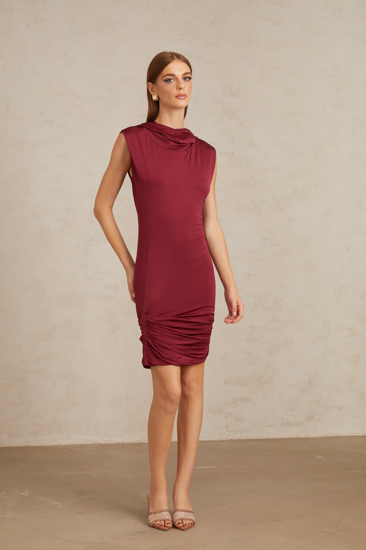 Aino Red Hooded Ruched Mini Dress
