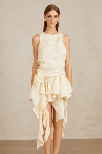 Helka Neutral Creased Asymmetrical Floral Mini Dress